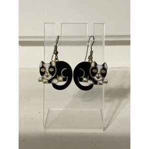 Black and White Kitty Cat Enameled Dangle Hook Earrings